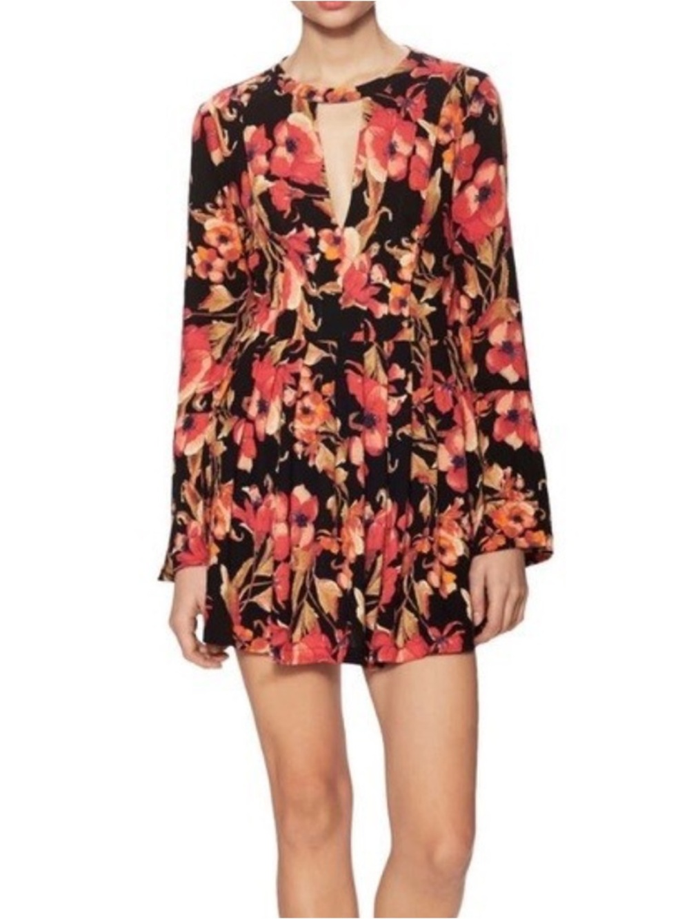Free People Black Floral Keyhole Long-Sleeve Mini Dress Tegan Red Orange Blooms